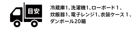 目安　冷蔵庫1、洗濯機1、ローボード１、炊飯器1、電子レンジ1、衣装ケース１、ダンボール20箱